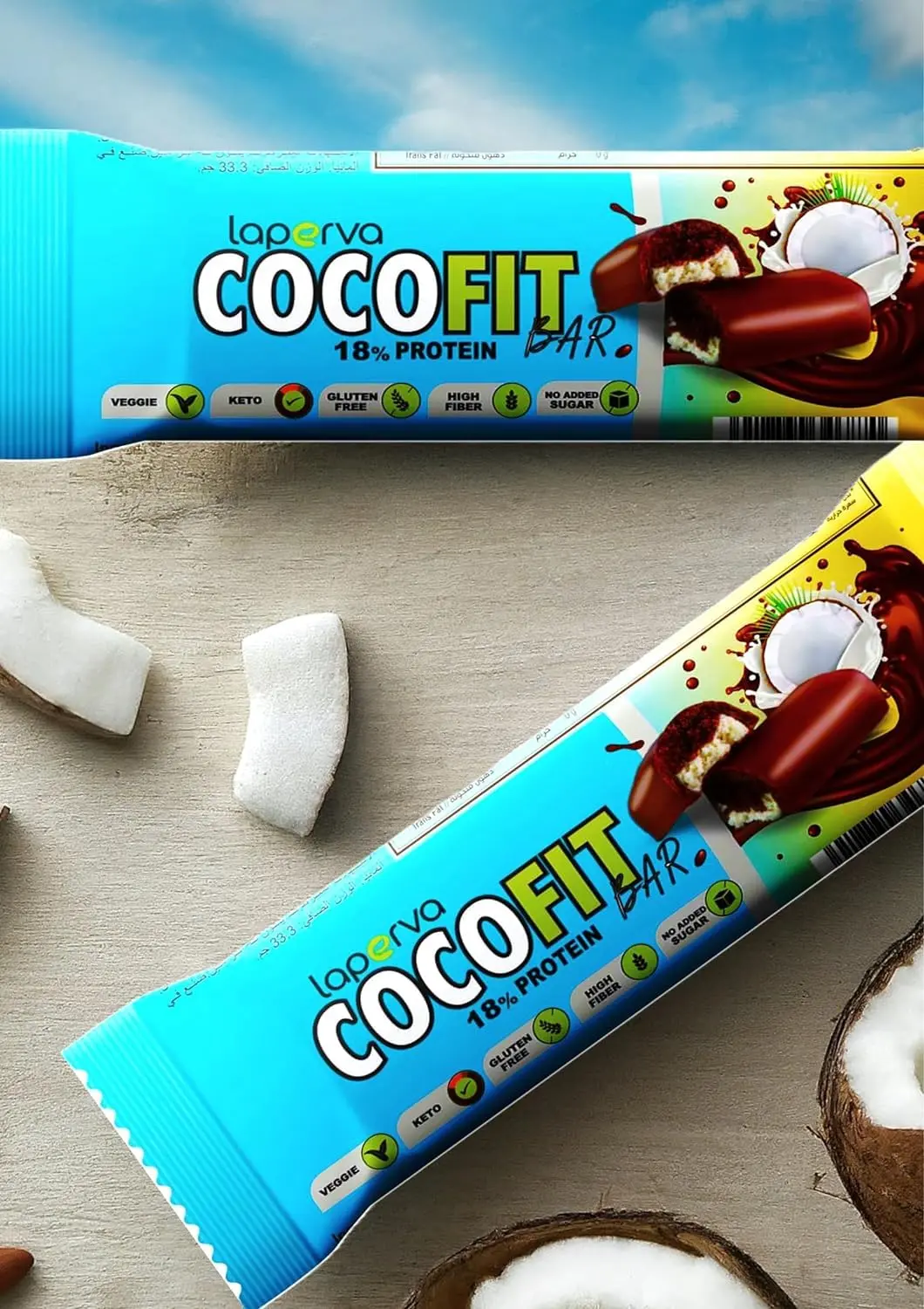 A single Laperva Coco Fit protein bar, a nutritious and keto-friendly snack with high protein and fiber, perfect for supporting energy and muscle growth while being low in sugar, gluten-free, and cholesterol-free.