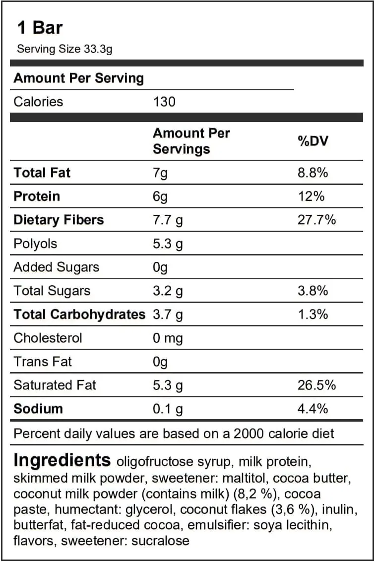 A single Laperva Coco Fit protein bar, a nutritious and keto-friendly snack with high protein and fiber, perfect for supporting energy and muscle growth while being low in sugar, gluten-free, and cholesterol-free.