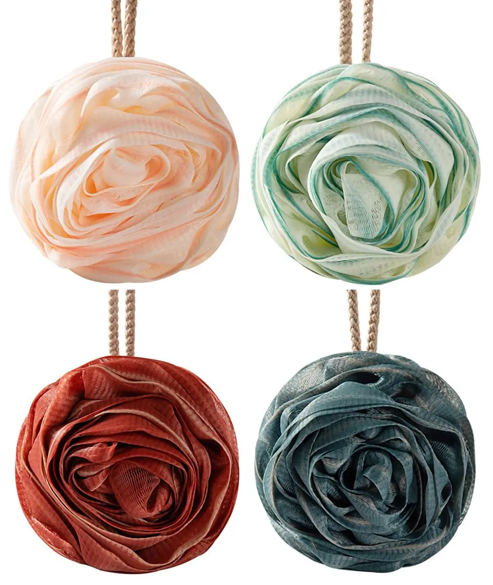 A four-pack of large, rose-shaped bath sponges designed to exfoliate and cleanse skin, creating a rich lather with shower gel or soap.