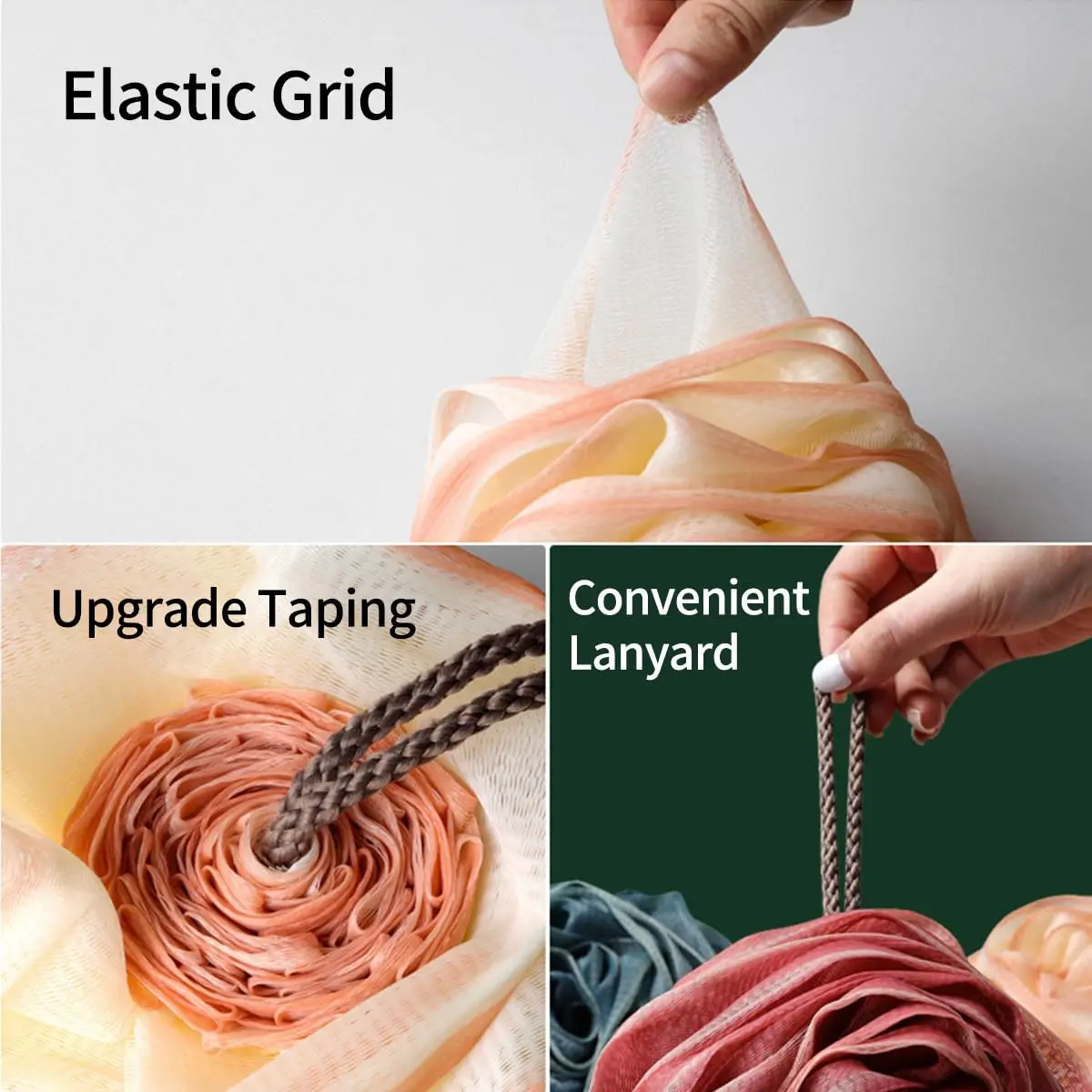 A four-pack of large, rose-shaped bath sponges designed to exfoliate and cleanse skin, creating a rich lather with shower gel or soap.