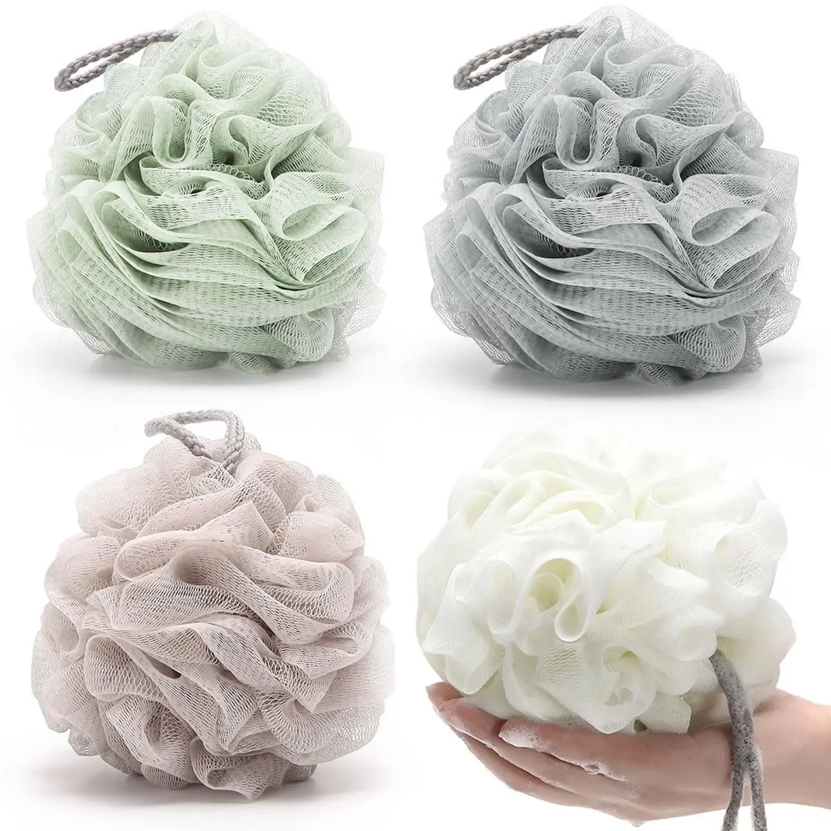 A four-pack of large, rose-shaped bath sponges designed to exfoliate and cleanse skin, creating a rich lather with shower gel or soap.