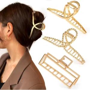This set of three large metal claw clips provides a strong, non-slip hold for thick, long hair, making them perfect fashion accessories for women and girls.