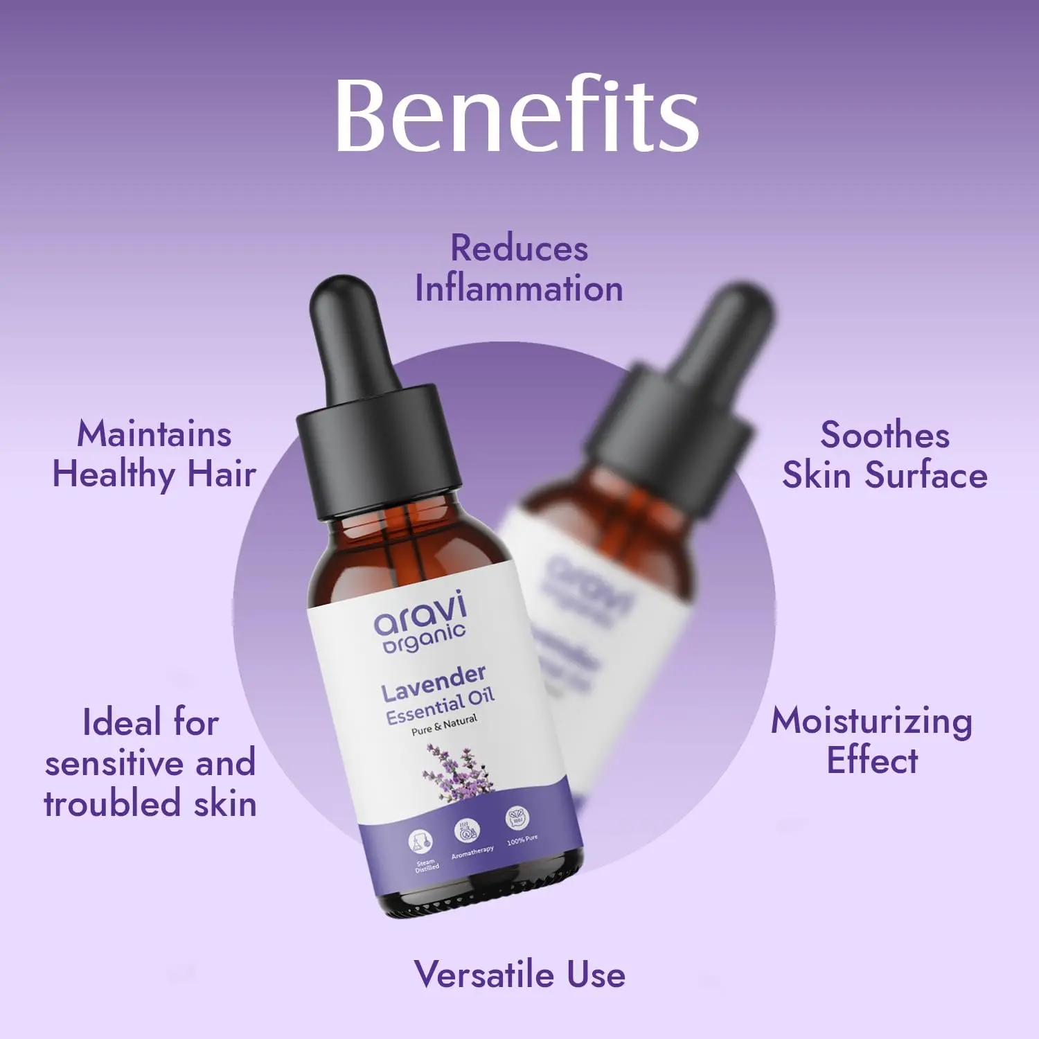 Amber glass bottles of pure lavender and peppermint essential oils for aromatherapy, skin, and hair care, promoting relaxation and a restful sleep.