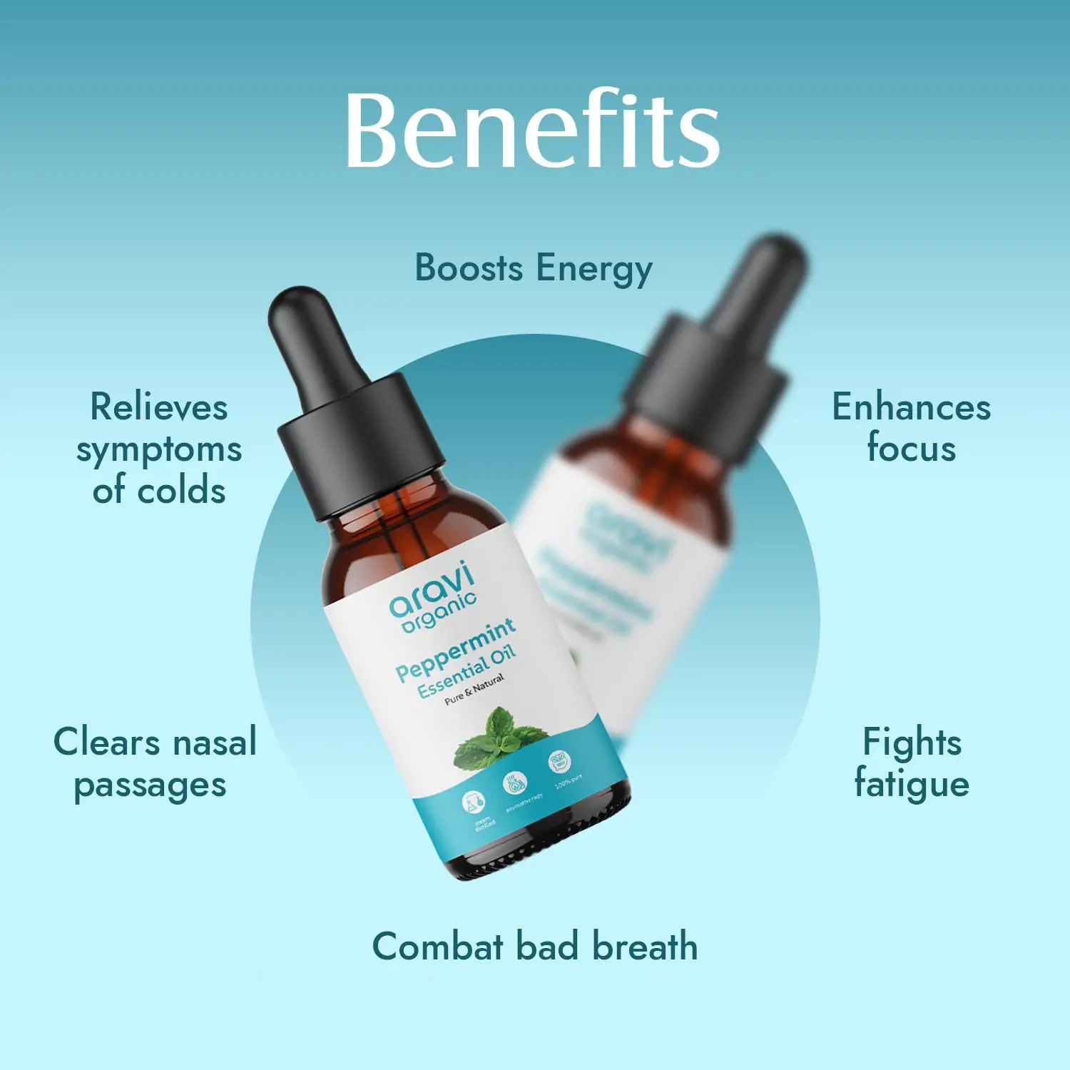 Amber glass bottles of pure lavender and peppermint essential oils for aromatherapy, skin, and hair care, promoting relaxation and a restful sleep.