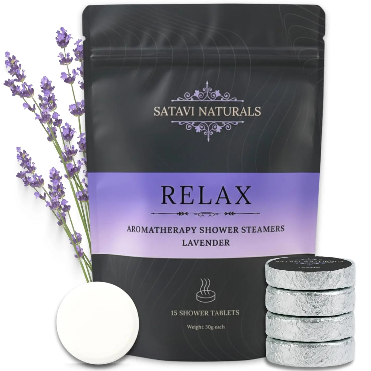 A pack of lavender shower steamers releases a calming aromatherapy scent, perfect for relaxation and stress relief.