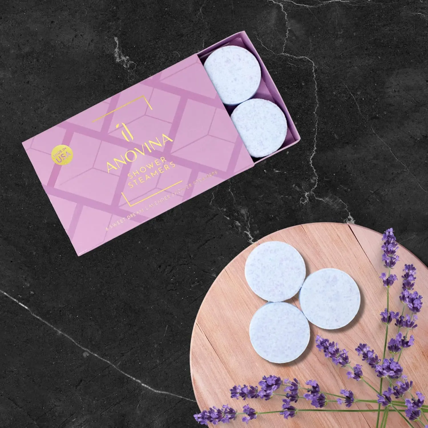 USA-made lavender shower steamers infused with essential oils and menthol provide a calming aromatherapy experience, perfect as relaxation gifts for women.