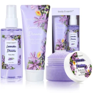 This lavender spa gift set for women by Body & Earth includes body mist, perfume, body lotion, and body scrub for a relaxing self-care experience.
