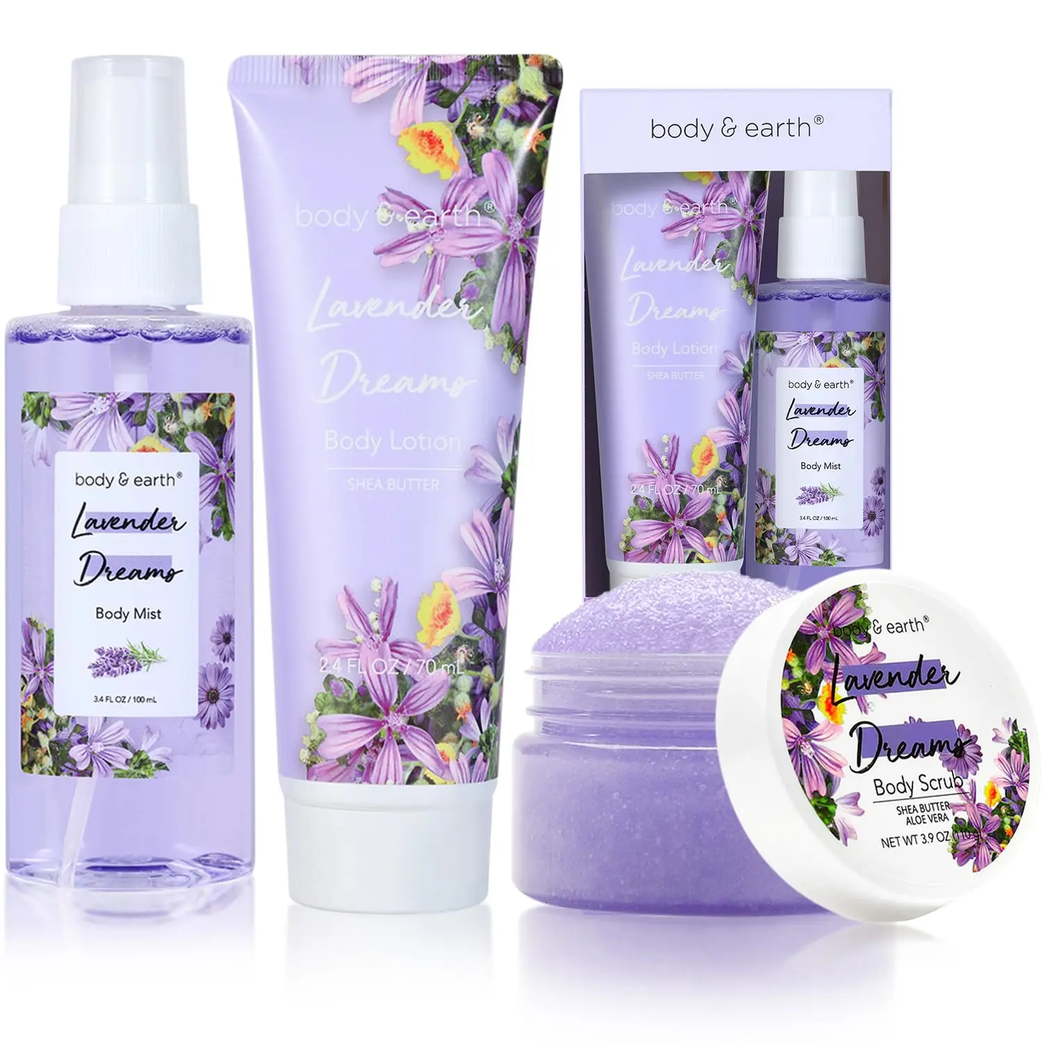 This lavender spa gift set for women by Body & Earth includes body mist, perfume, body lotion, and body scrub for a relaxing self-care experience.