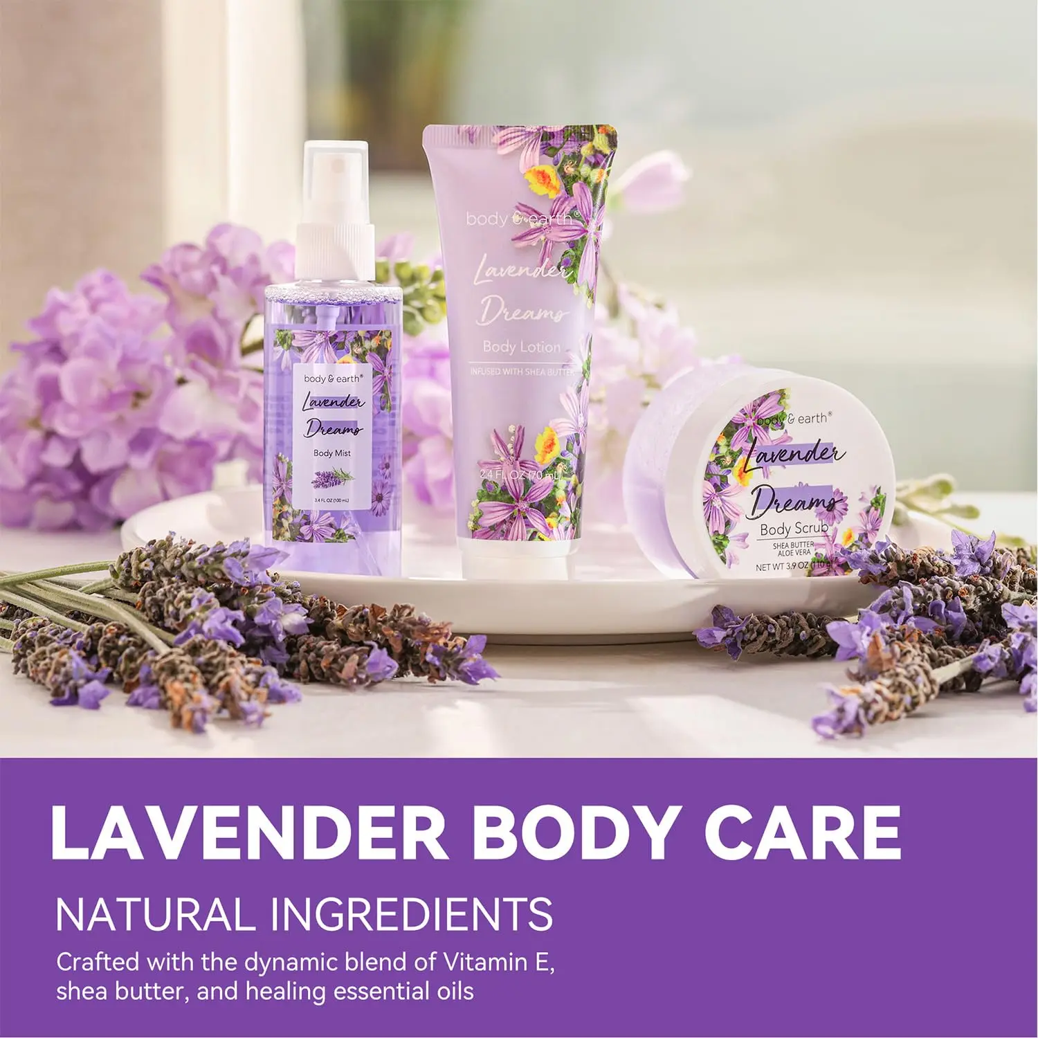 This lavender spa gift set for women by Body & Earth includes body mist, perfume, body lotion, and body scrub for a relaxing self-care experience.