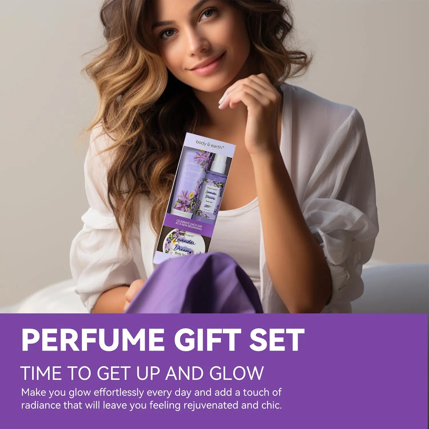 This lavender spa gift set for women by Body & Earth includes body mist, perfume, body lotion, and body scrub for a relaxing self-care experience.