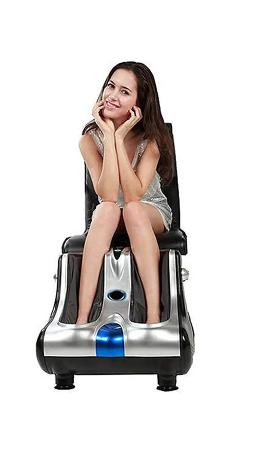 Silver electric leg and foot massager machine with kneading pads and vibration therapy, designed to relieve pain and promote blood circulation.