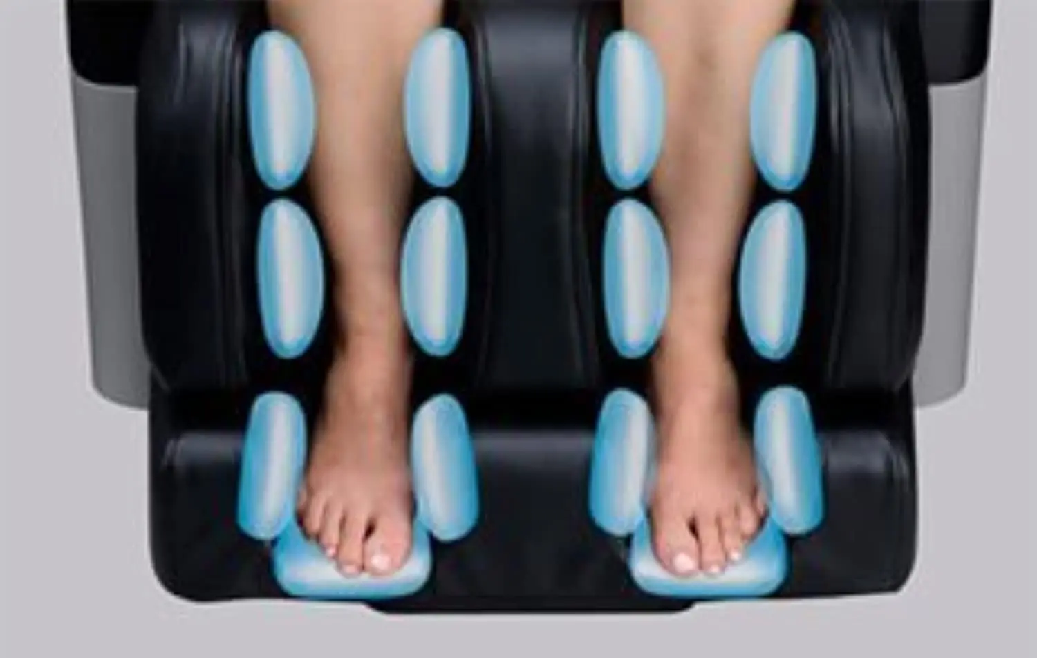 Silver electric leg and foot massager machine with kneading pads and vibration therapy, designed to relieve pain and promote blood circulation.