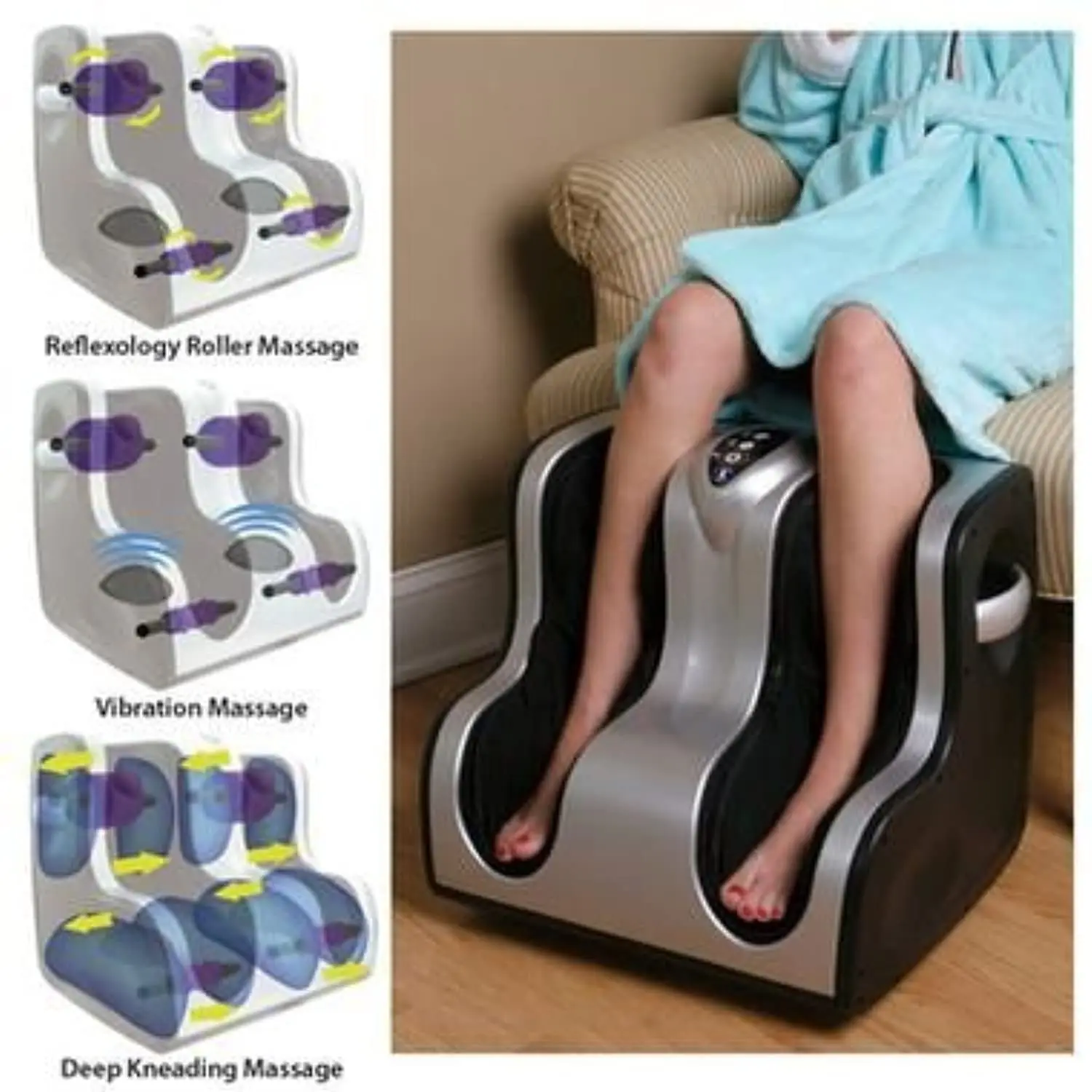 Silver electric leg and foot massager machine with kneading pads and vibration therapy, designed to relieve pain and promote blood circulation.