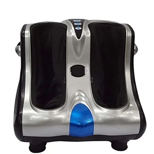 Silver electric leg and foot massager machine with kneading pads and vibration therapy, designed to relieve pain and promote blood circulation.