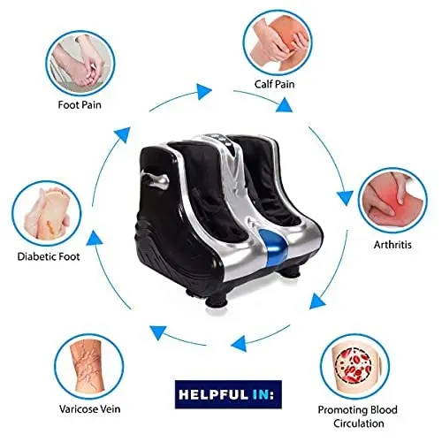 Silver electric leg and foot massager machine with kneading pads and vibration therapy, designed to relieve pain and promote blood circulation.