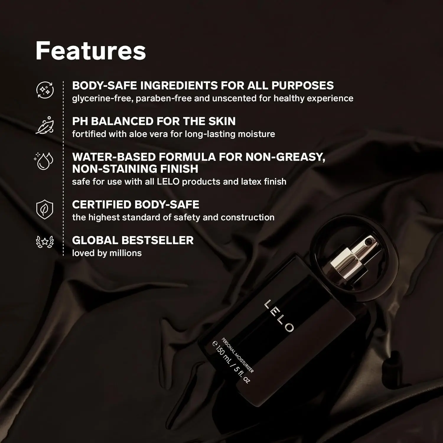 LELO personal moisturizer is a water based lubricant enriched with aloe vera for couples and solo play, providing a non-staining and gentle feel.