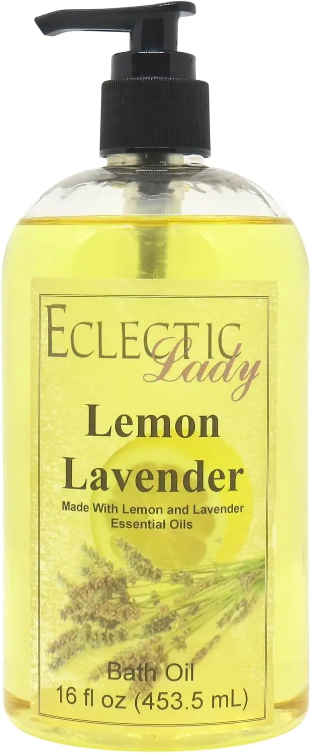 A bottle of all natural lemon lavender bath oil, perfect for a relaxing and aromatic bathing experience.