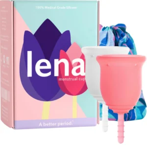 A set of Lena reusable menstrual cups, in pink and turquoise, offering a sustainable alternative to tampons and pads from a woman-owned US business.