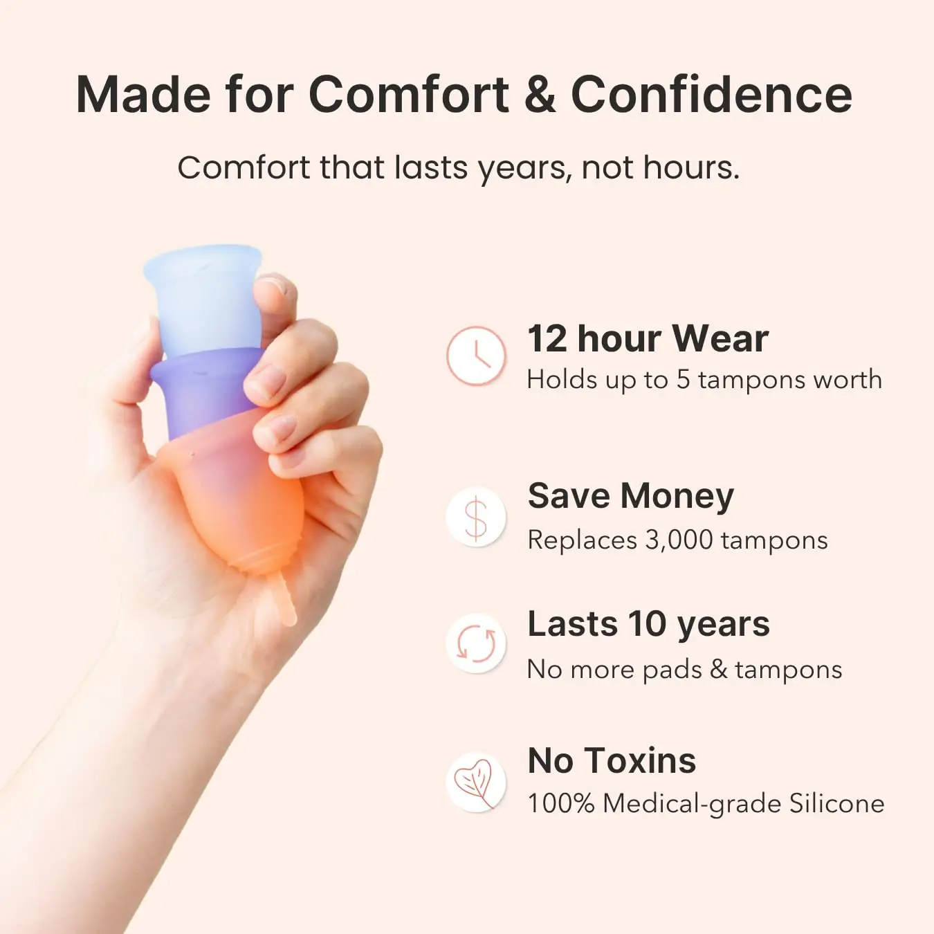 A set of Lena reusable menstrual cups, in pink and turquoise, offering a sustainable alternative to tampons and pads from a woman-owned US business.