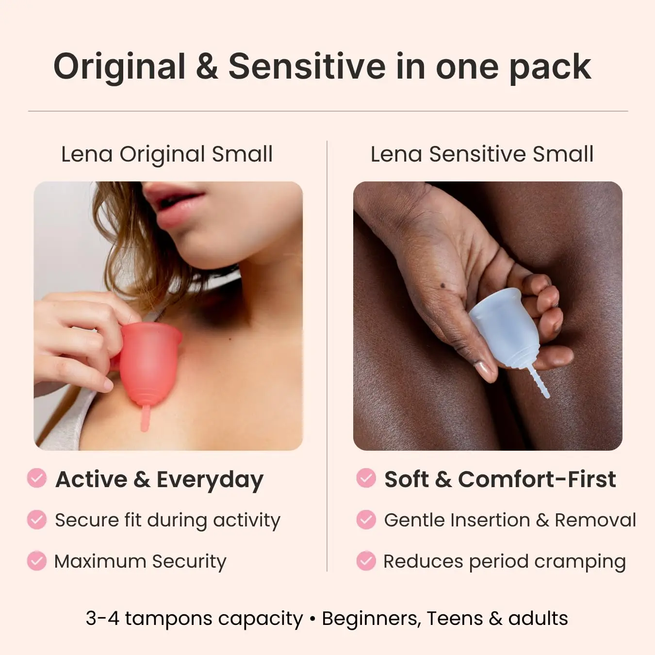 A set of Lena reusable menstrual cups, in pink and turquoise, offering a sustainable alternative to tampons and pads from a woman-owned US business.