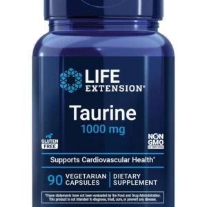 Bottle of Life Extension Taurine capsules, a vital substance thought to help regulate the central nervous system and promote system-wide health.