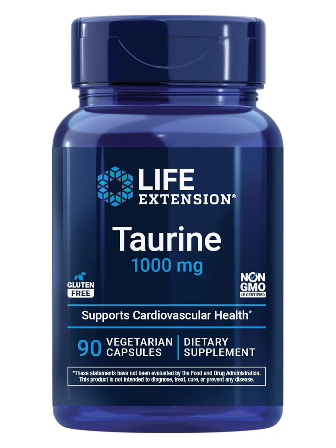 Bottle of Life Extension Taurine capsules, a vital substance thought to help regulate the central nervous system and promote system-wide health.