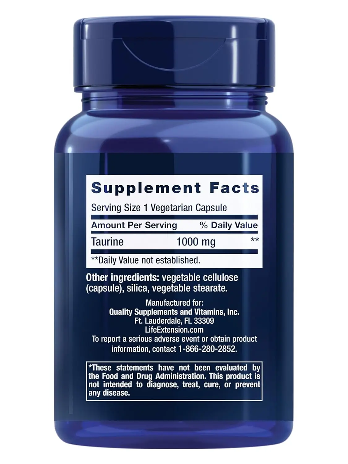 Bottle of Life Extension Taurine capsules, a vital substance thought to help regulate the central nervous system and promote system-wide health.