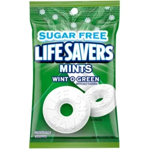 Twelve individual bags of Life Savers Sugar Free Wint O Green mints, perfect for sharing with coworkers and keeping a refreshing taste around the office.