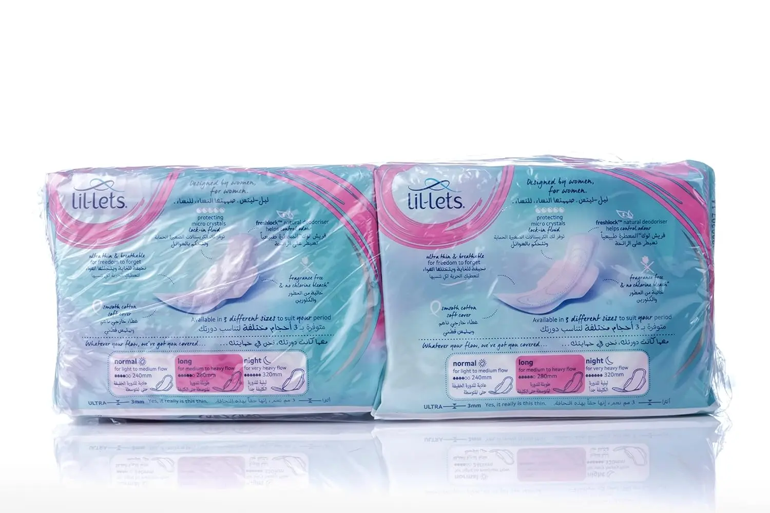Lil-Lets Freshlock long pads with wings offer leak-proof protection, a super soft cotton feel, and natural odor control for medium to heavy flow days.