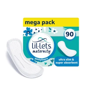 Three packs of Lil-Lets maternity pantyliners, offering 3x more absorbency and individual wrapping for pre and post birth use, discharge, spotting and light bladder weakness.
