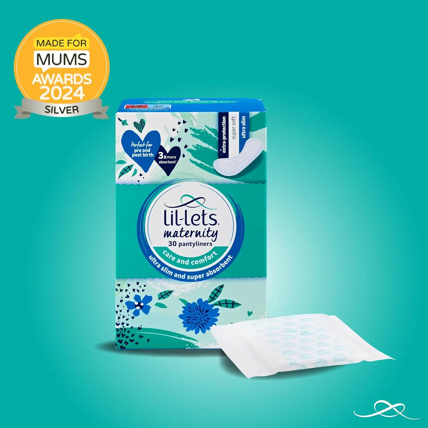 Three packs of Lil-Lets maternity pantyliners, offering 3x more absorbency and individual wrapping for pre and post birth use, discharge, spotting and light bladder weakness.