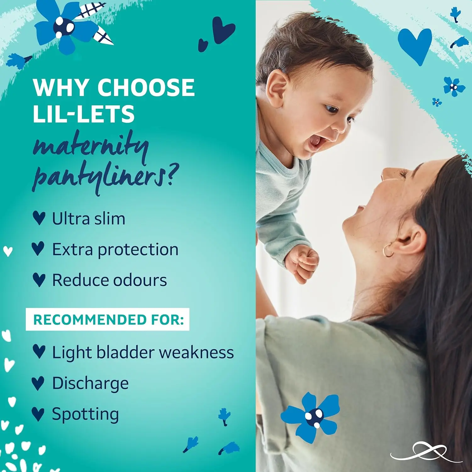 Three packs of Lil-Lets maternity pantyliners, offering 3x more absorbency and individual wrapping for pre and post birth use, discharge, spotting and light bladder weakness.