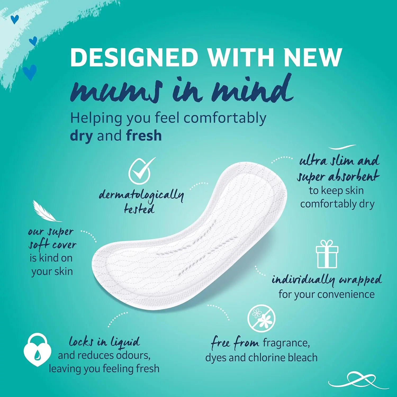 Three packs of Lil-Lets maternity pantyliners, offering 3x more absorbency and individual wrapping for pre and post birth use, discharge, spotting and light bladder weakness.