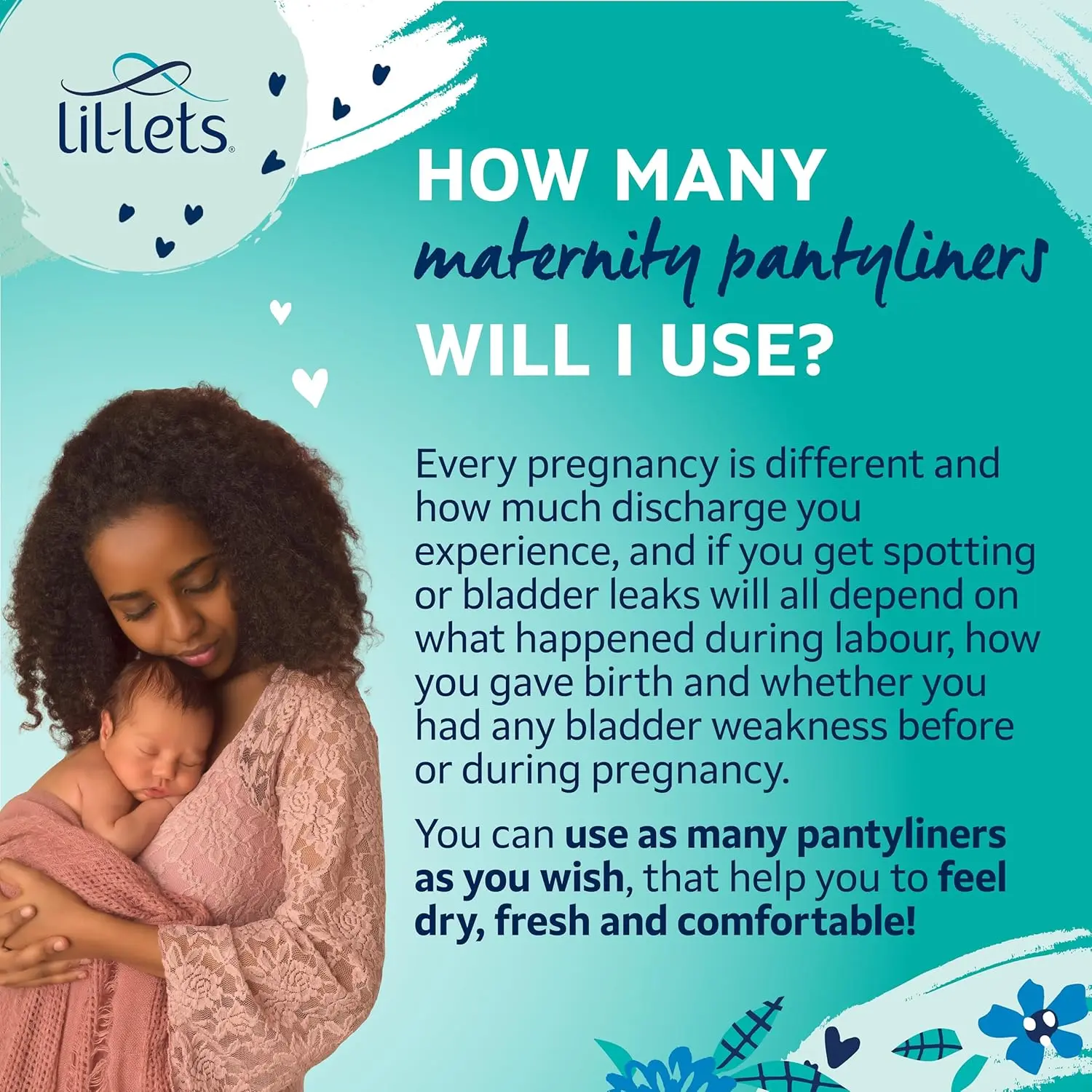Three packs of Lil-Lets maternity pantyliners, offering 3x more absorbency and individual wrapping for pre and post birth use, discharge, spotting and light bladder weakness.