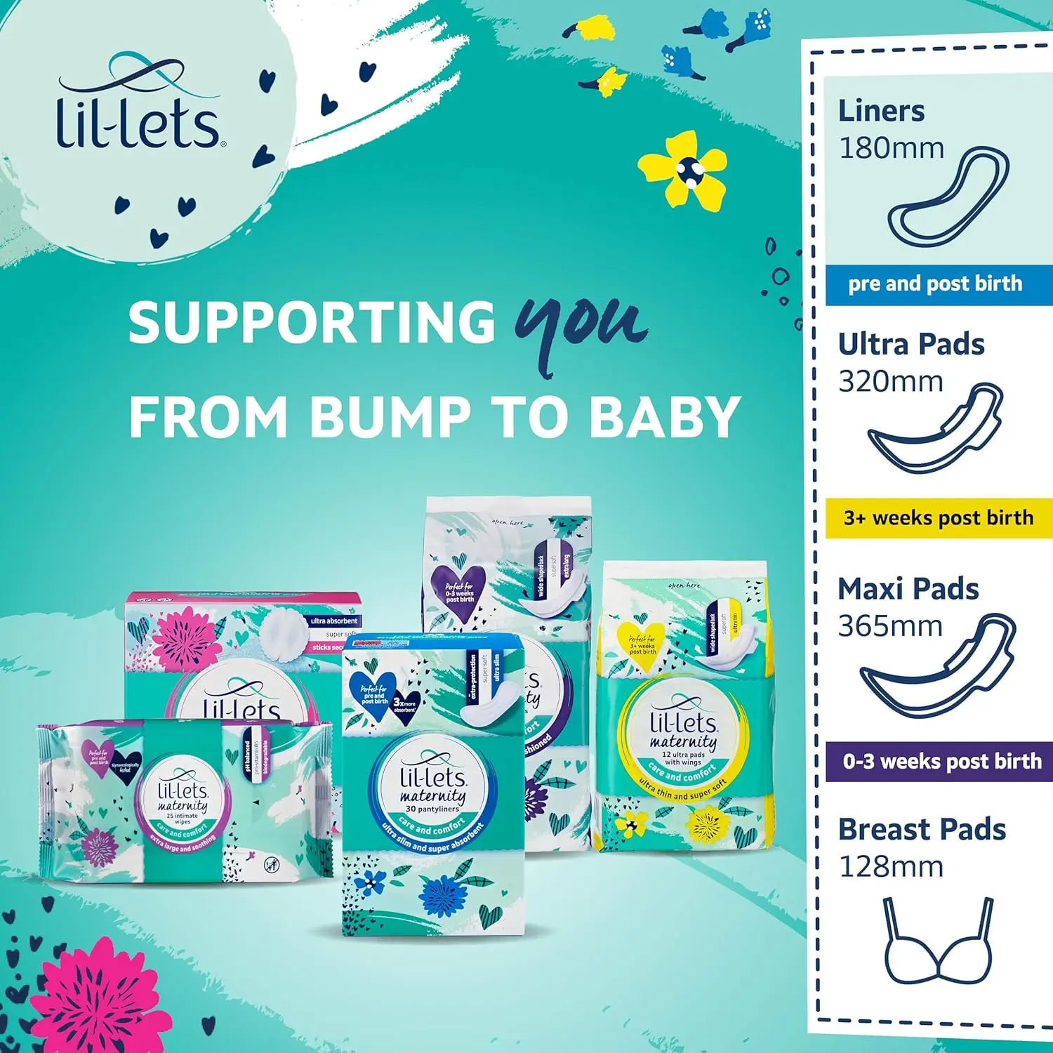 Three packs of Lil-Lets maternity pantyliners, offering 3x more absorbency and individual wrapping for pre and post birth use, discharge, spotting and light bladder weakness.