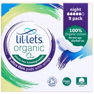 Lil-Lets organic cotton pads are ultra-thin with wings and made with a 100% certified organic cotton top sheet and absorbent core for superior comfort and pure protection during your period.