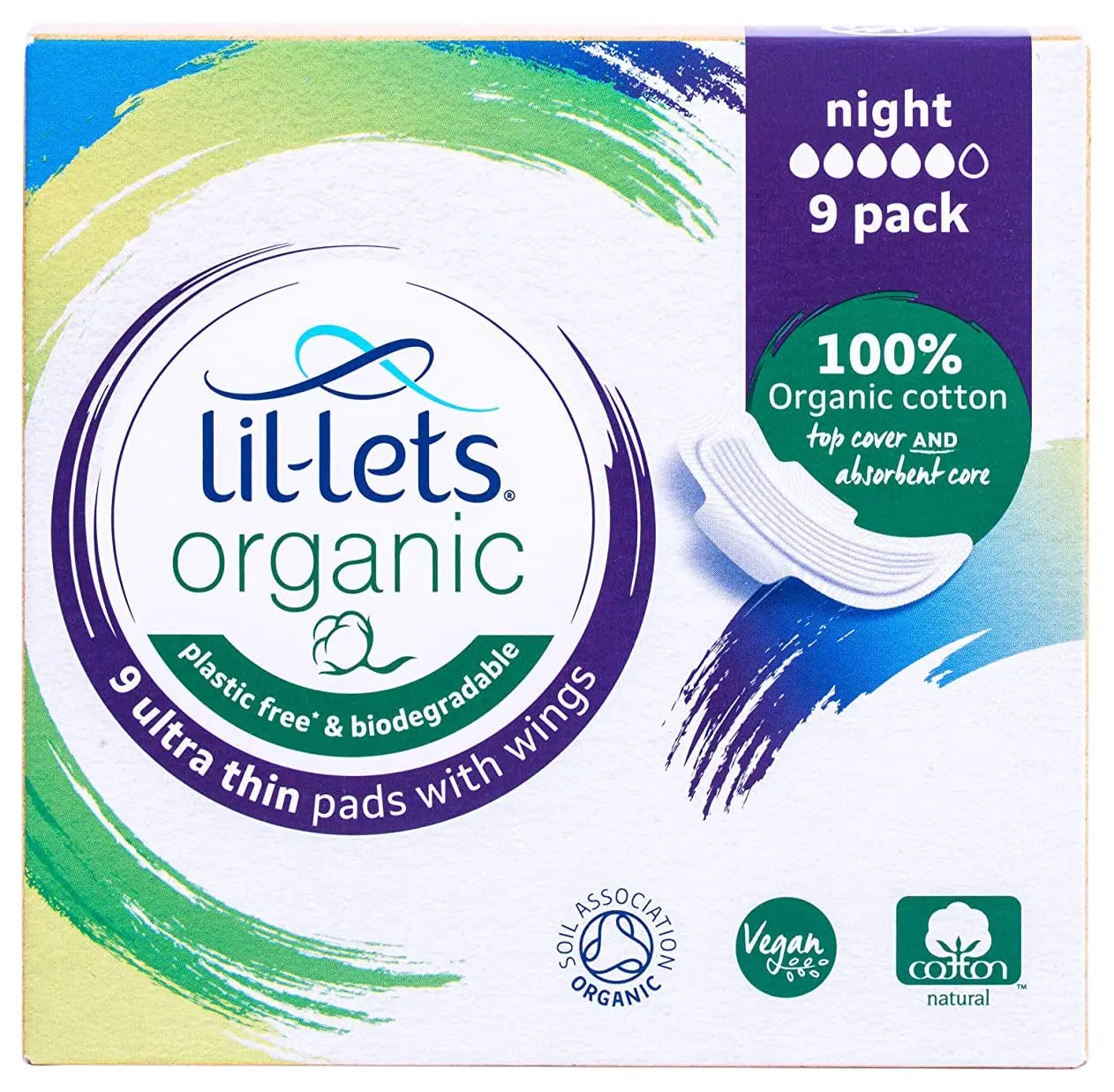 Lil-Lets organic cotton pads are ultra-thin with wings and made with a 100% certified organic cotton top sheet and absorbent core for superior comfort and pure protection during your period.