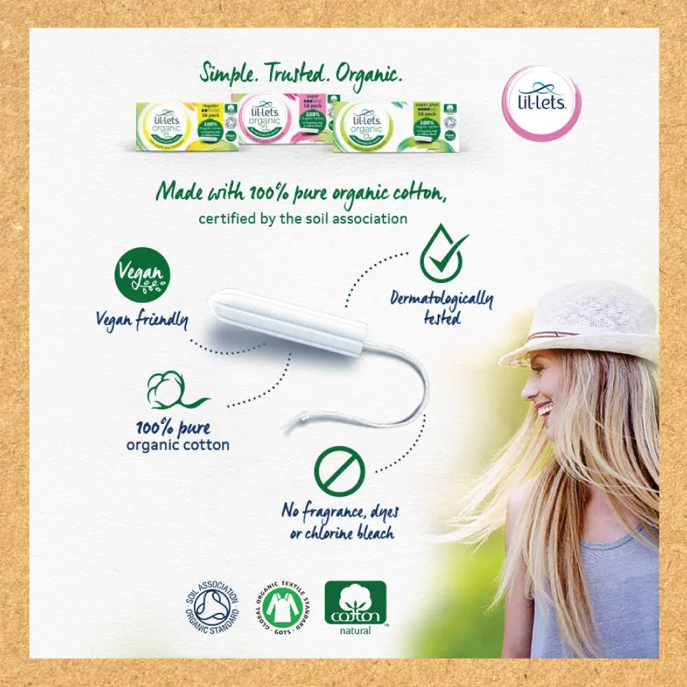 Lil-Lets Organic regular tampons are made from 100% certified organic cotton for amazing comfort and reliable protection against leaks, perfect for a light to medium flow.