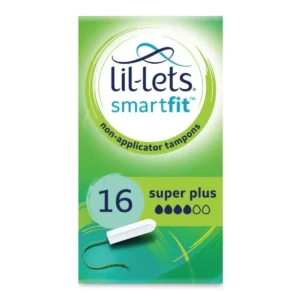 A pack of Lil-Lets Super Plus non-applicator tampons providing perfect leak protection for up to 8 hours, made with a 100% plant-based absorbent core and designed for comfortable, easy insertion.