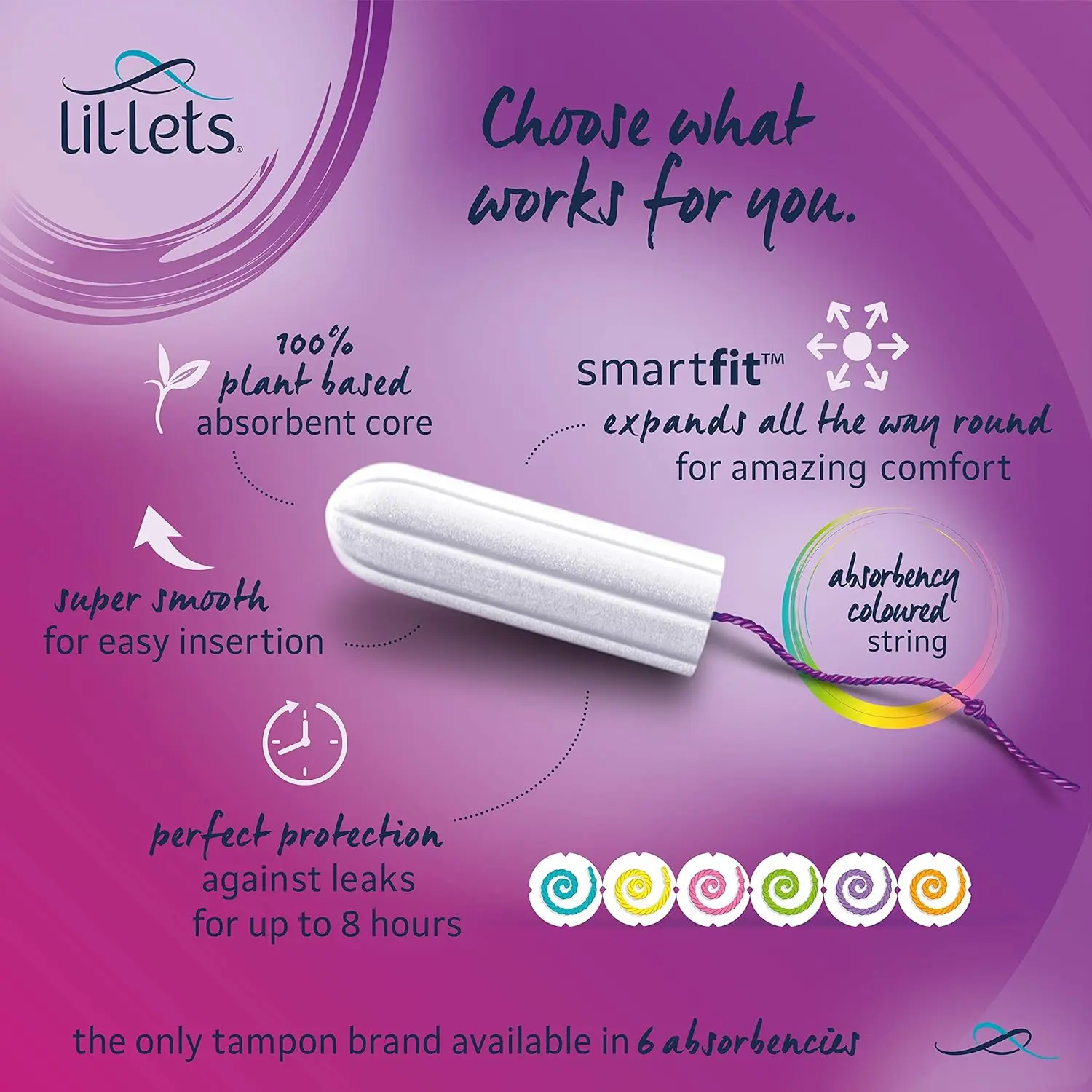 Lil-Lets non-applicator super plus tampons provide comfortable, discreet protection for very heavy flow days, expanding all the way round for a secure fit.