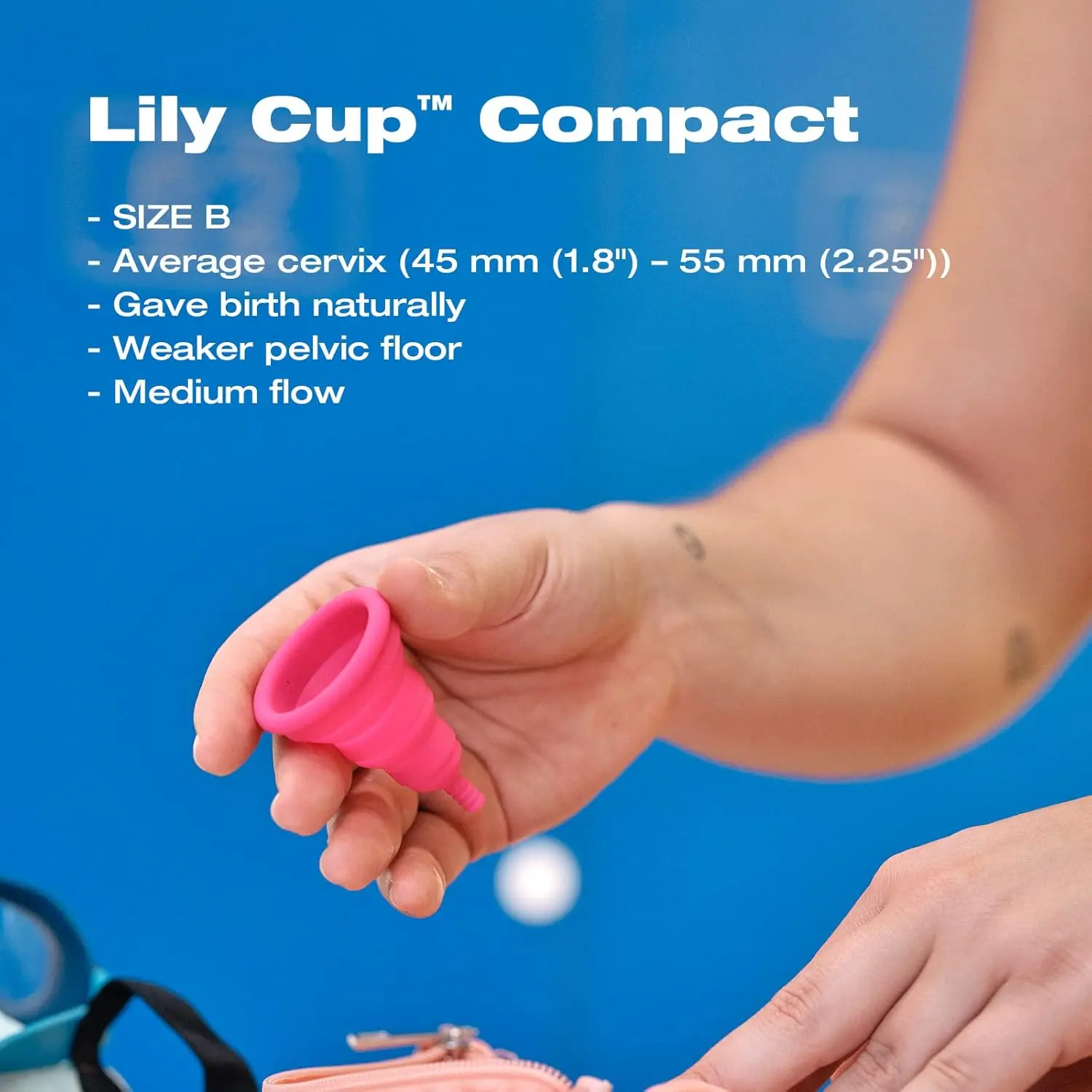 Collapsible and reusable Lily Cup Compact Size B offers up to 12 hours of comfortable period protection for women who have given birth vaginally.
