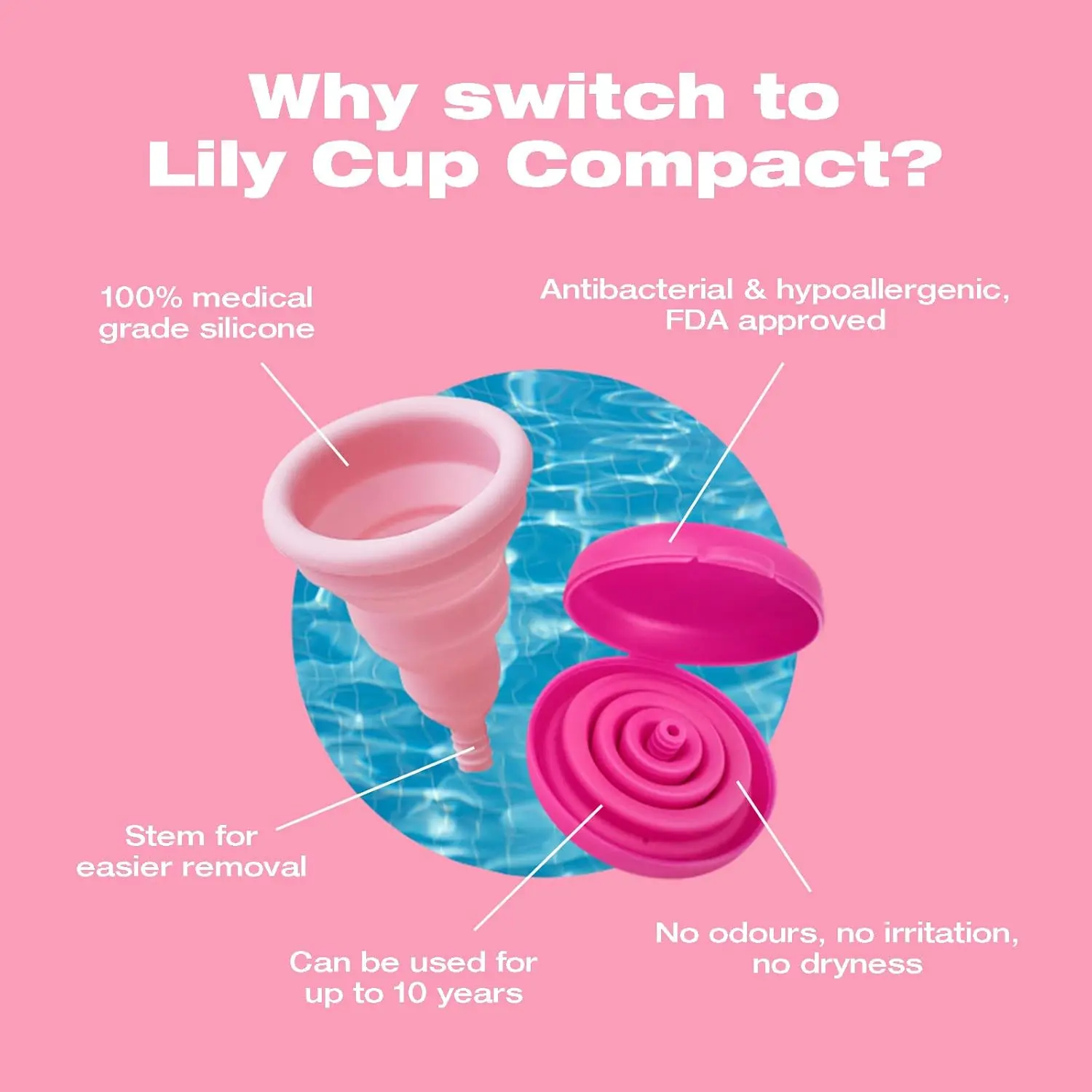 Collapsible and reusable Lily Cup Compact Size B offers up to 12 hours of comfortable period protection for women who have given birth vaginally.
