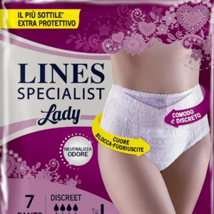 Lines Specialist Discreet Pants Size L provides ply medium absorbency with anti-odour technology for dry and discreet protection against urine leaks in an anatomical shape.