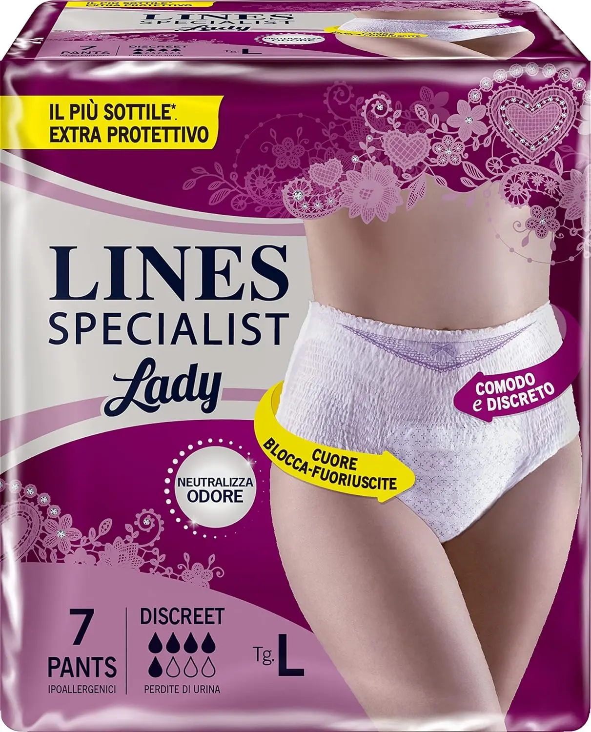 Lines Specialist Discreet Pants Size L provides ply medium absorbency with anti-odour technology for dry and discreet protection against urine leaks in an anatomical shape.
