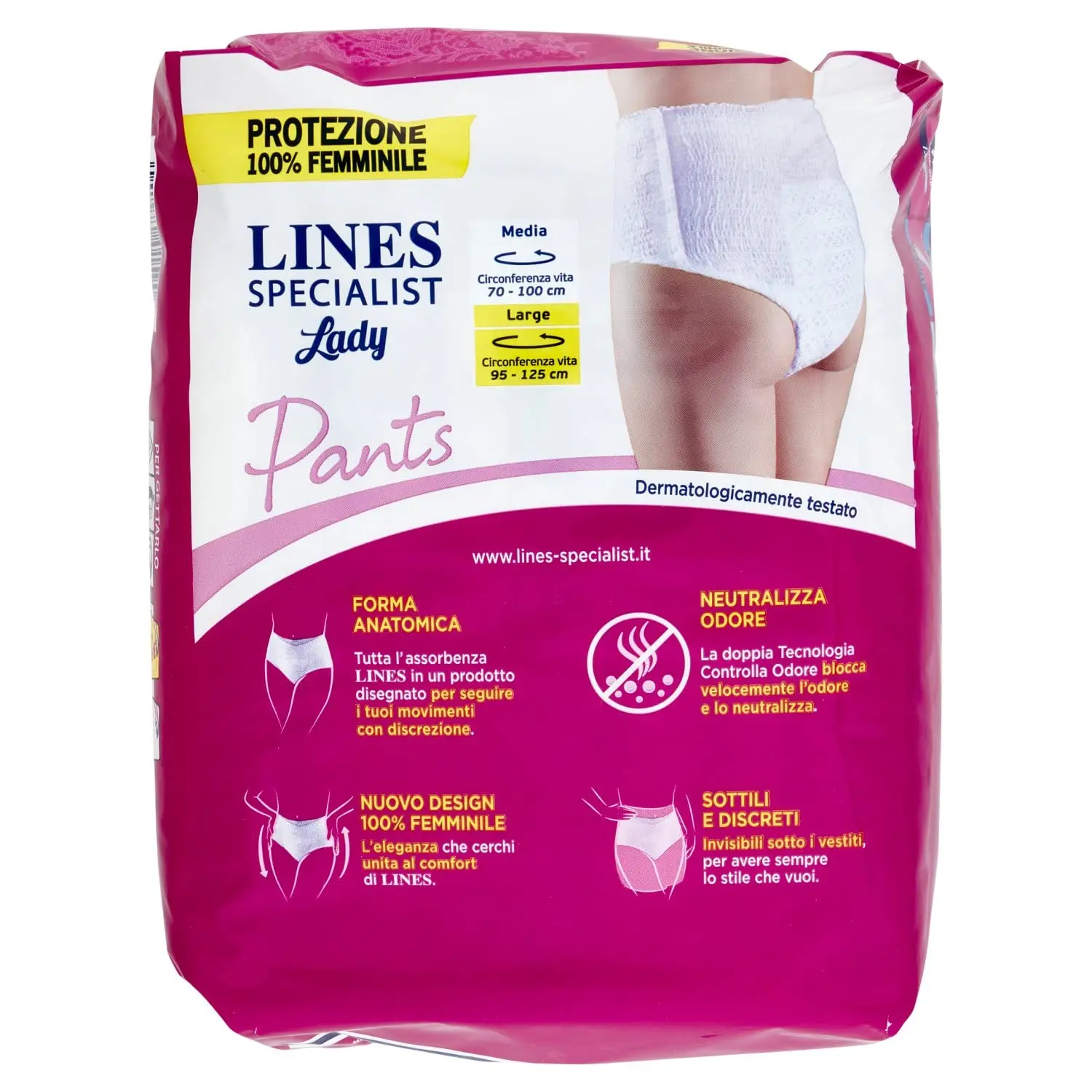 Lines Specialist Discreet Pants Size L provides ply medium absorbency with anti-odour technology for dry and discreet protection against urine leaks in an anatomical shape.