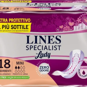 Lines Specialist urine absorbing pads offer light protection, anti-odour, and soft filter with Ultra & Anatomy Technology for women's comfort.