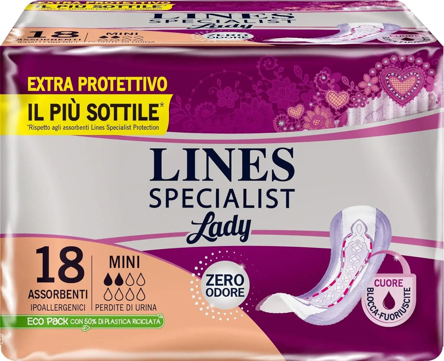 Lines Specialist urine absorbing pads offer light protection, anti-odour, and soft filter with Ultra & Anatomy Technology for women's comfort.