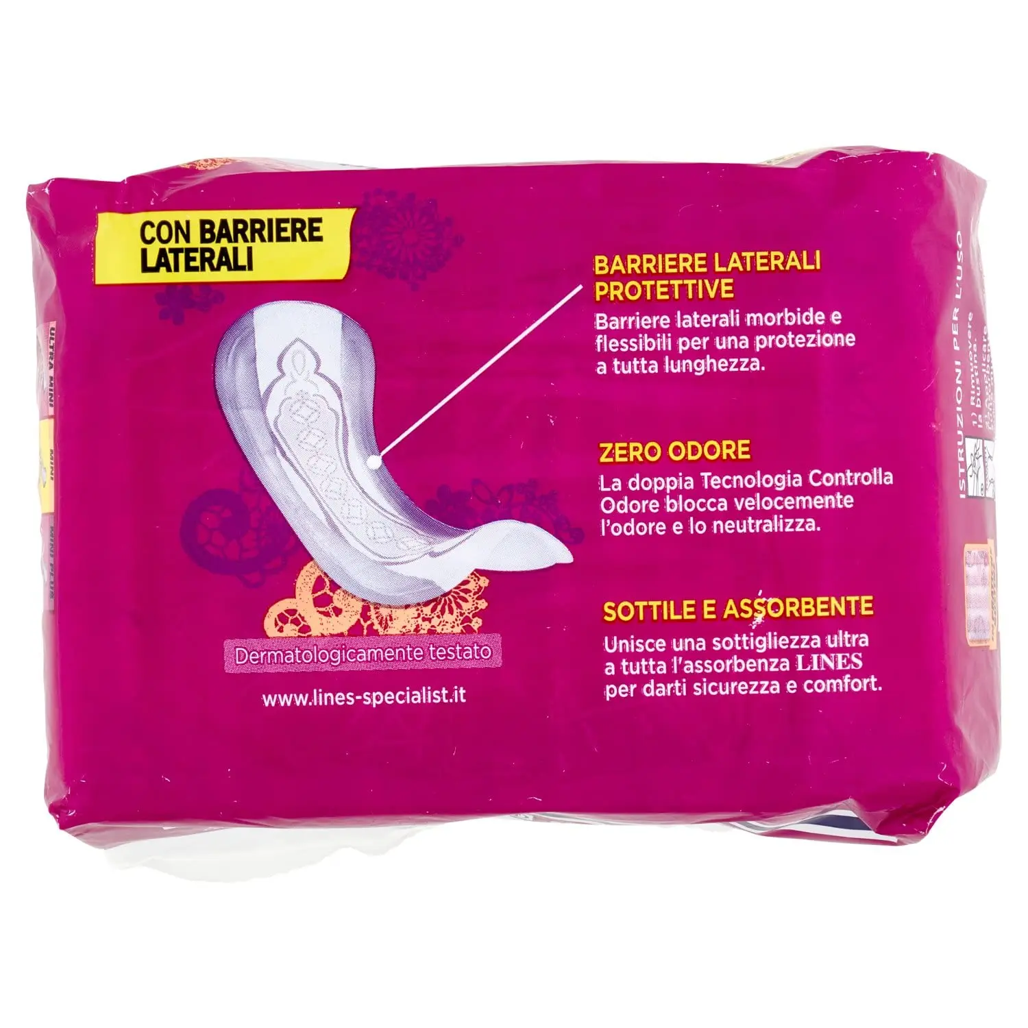 Lines Specialist urine absorbing pads offer light protection, anti-odour, and soft filter with Ultra & Anatomy Technology for women's comfort.