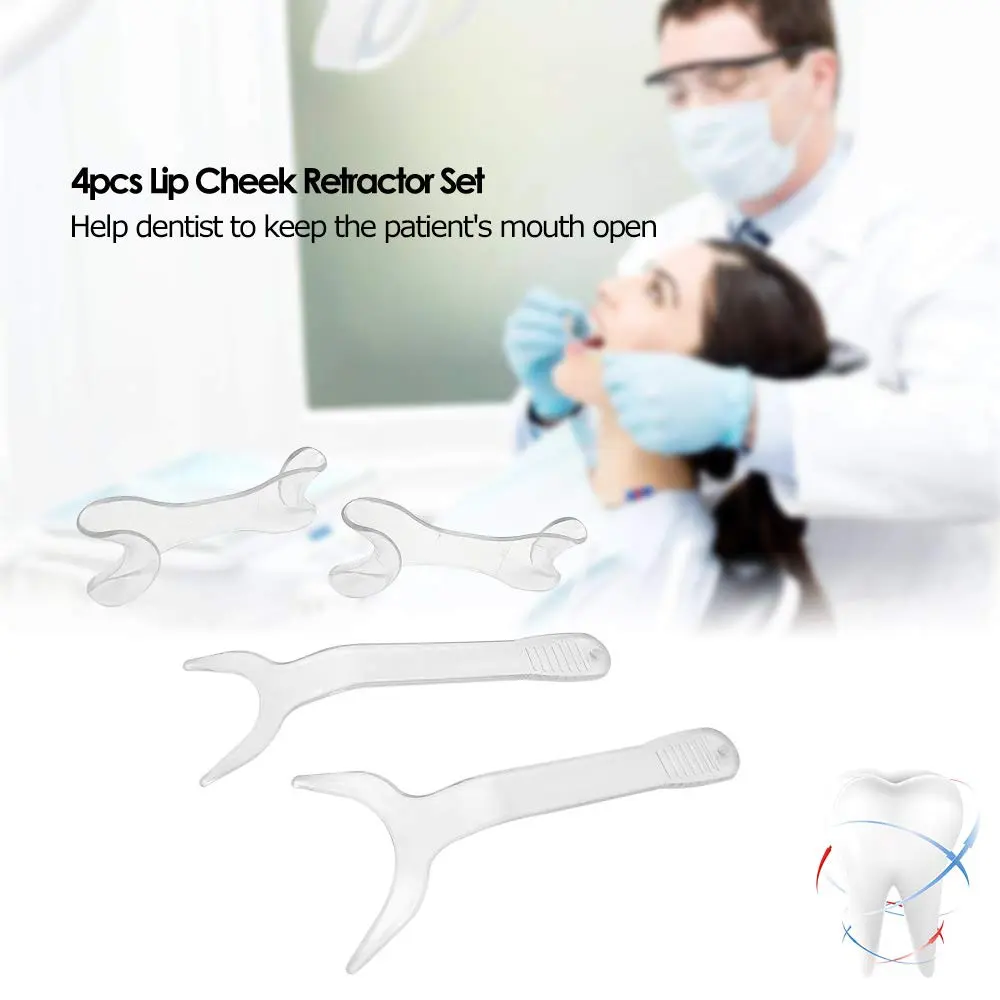 A set of four lip and cheek retractors for dental and orthodontic use to keep the mouth open during teeth procedures.