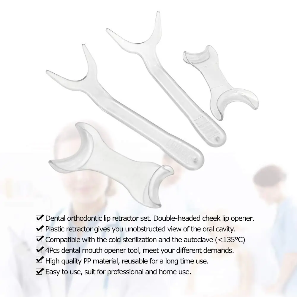 A set of four lip and cheek retractors for dental and orthodontic use to keep the mouth open during teeth procedures.